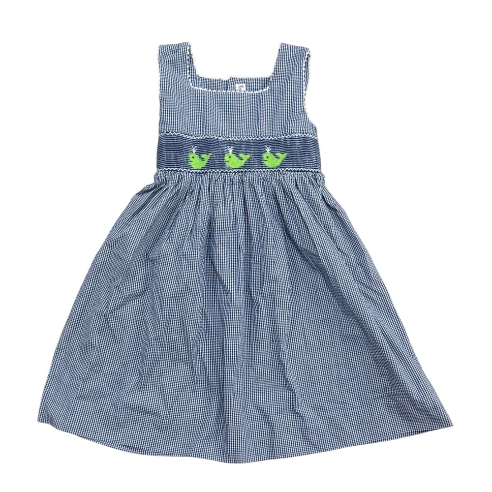 VTG Royal Child Girls Smocked Gingham Whale Dress Navy White Ric Rac Size 6X